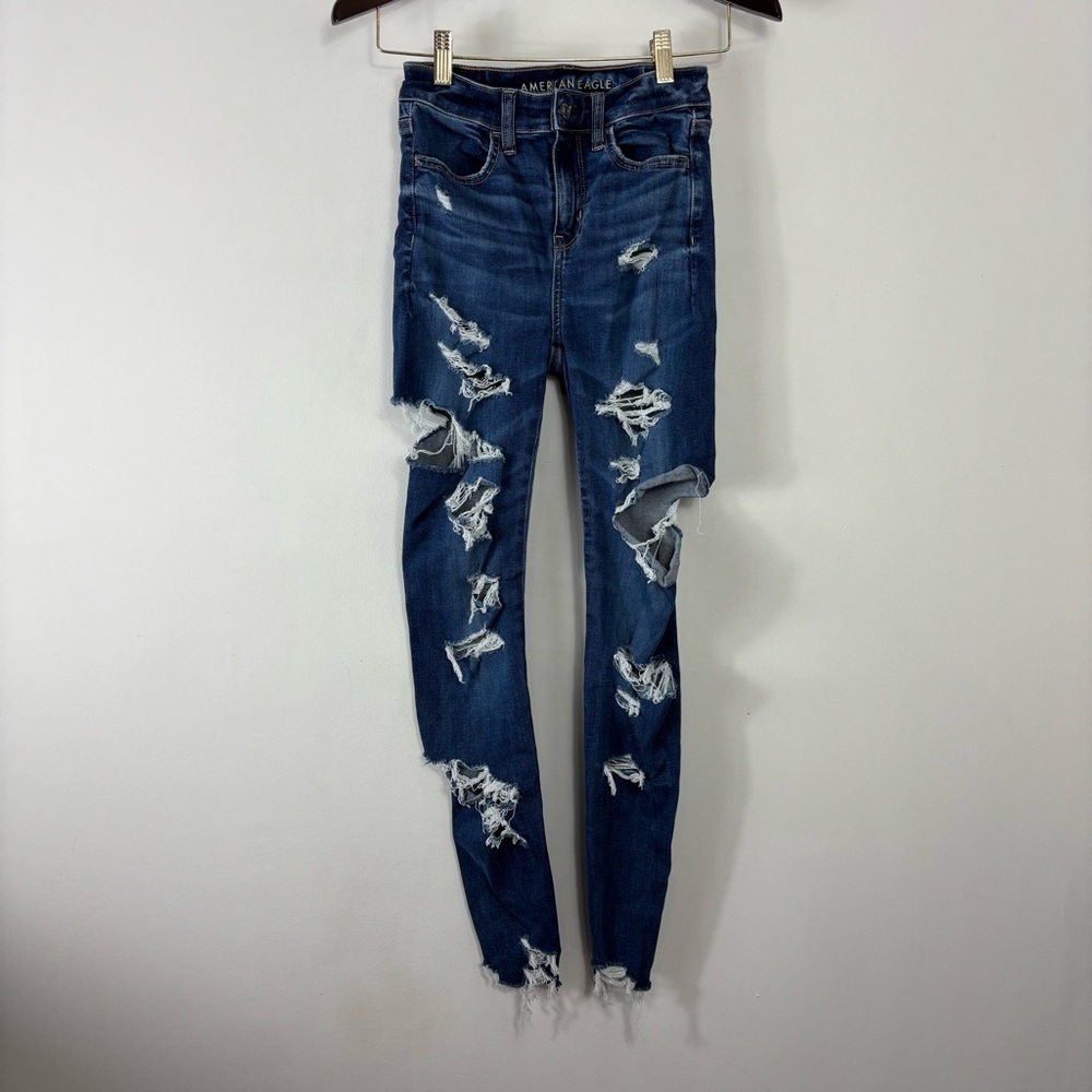American Eagle Hi Rise Jegging Womens 0 Destroyed Raw Next Level Super Stretch